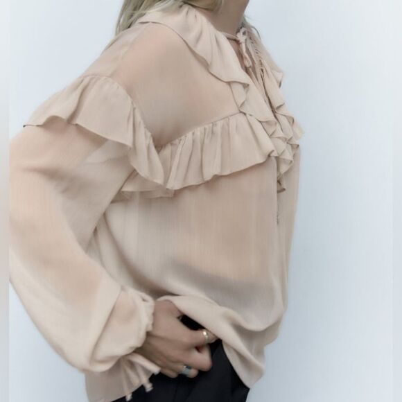 Zara Semi-Sheer Ruffles Blouse New - Picture 7 of 10